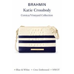 Brahmin Katie Crossbody Corsica Vineyard Blue White Stripe Croc Embossed